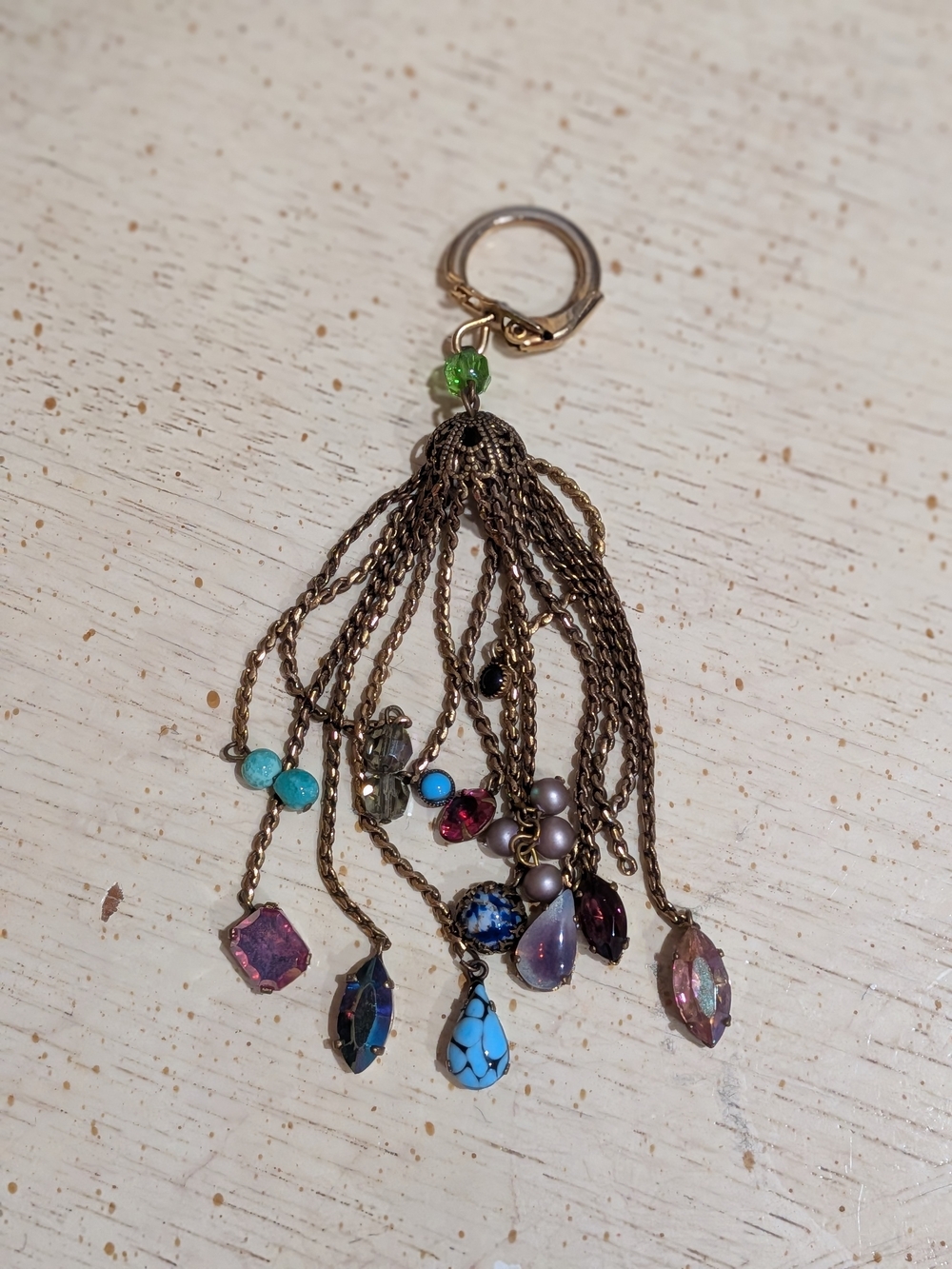 Vintage Bohemian Brass Multi-Chain Tassel Keyring W/ Turquoise & Crystal Charms